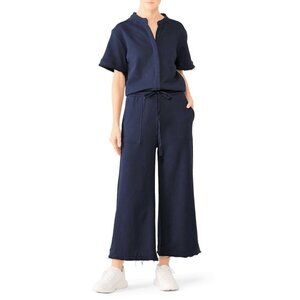 KINLY Navy Blue Cotton Terry Wide Leg Utilitarian Jumpsuit Size Large